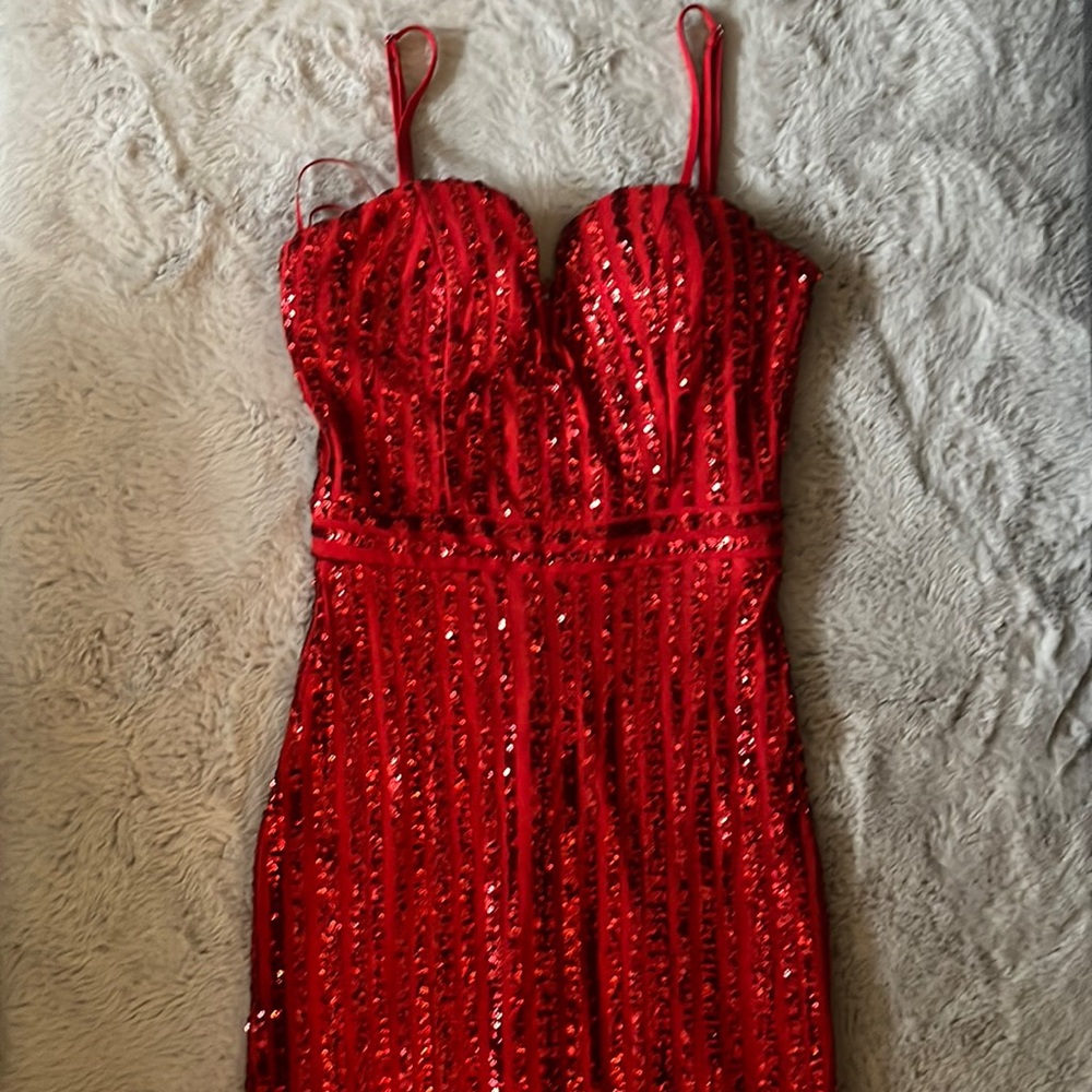 Xtaren small strap sequin red dress